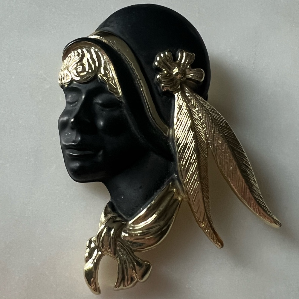 Vintage Torino Black & Gold Cameo Face Brooch – Art Deco Revival – 2” x 2.5”